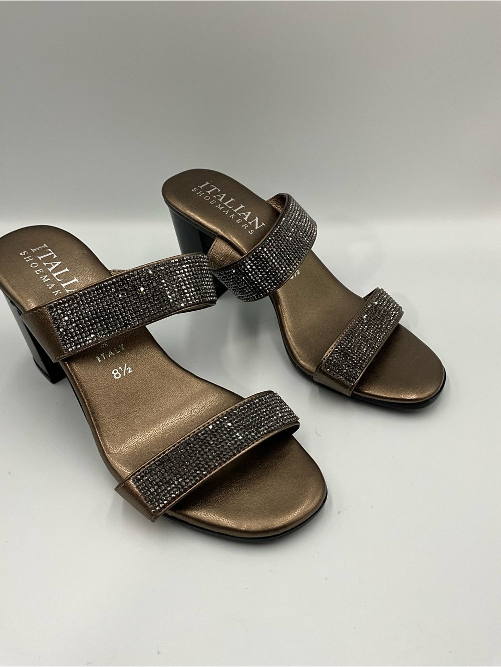 Italian Shoemakers Sandals Size 8.5 Bronze Crystal-Accented Two-Strap Block Heel